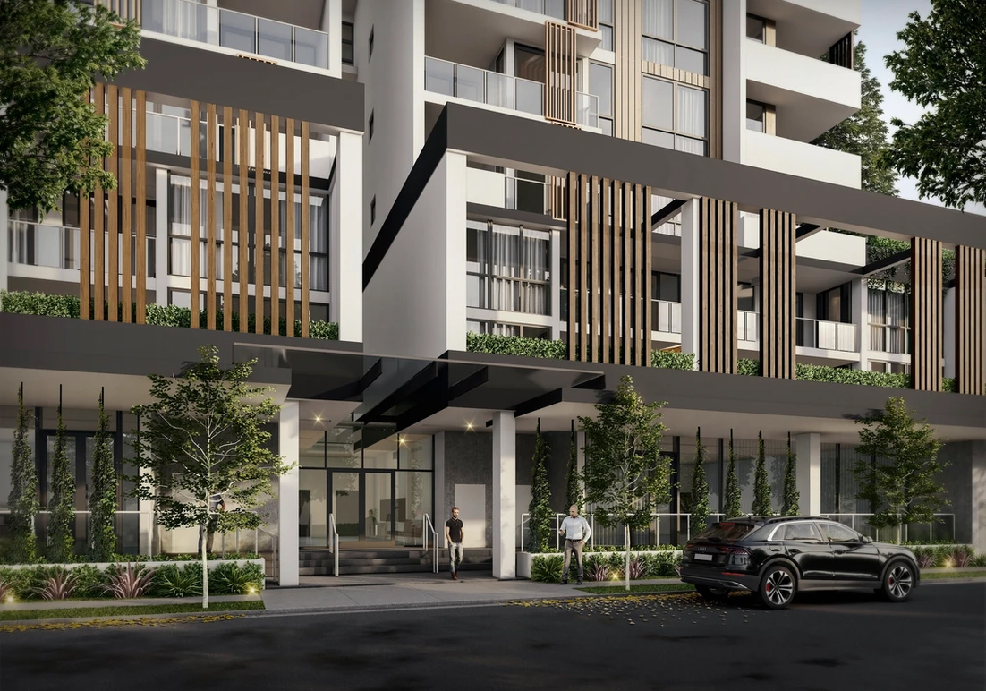 a rendering of an apartment building with a car parked in front of it.