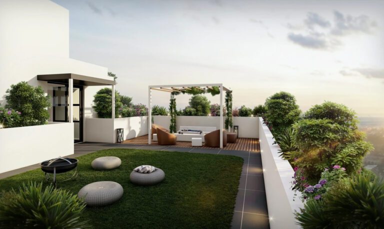 3d rendering of a terrace with furniture and a view of the city.