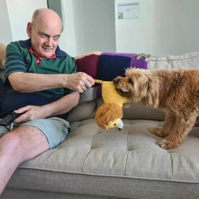 Dennis and Teddy the dog having fun together! 🐶 Dennis absolutely loves his furry friend, and having the opportunity to live in a home where pets are welcome! If you're looking for SIL accommodation, and have a precious pet you want to bring with you, get in touch with us!

#SILliving #Disability #iLoveNDIS #SupportCoordinator #WesternSydney #Wollongong #GlenmorePark