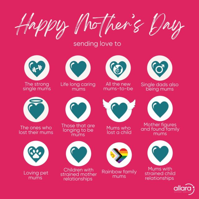 Happy Mother’s Day 🌷

Today, we celebrate all the incredible people who nurture, support, guide, and care for others every single day. Whether you’re a mum, a mother figure, a carer, or part of a chosen family, we see you and appreciate the love and strength you bring to those around you. 

We also recognise that today can feel difficult for many. We’re thinking of those longing to be mums, those grieving the loss of a mum or child, and those navigating complex relationships or challenging emotions today. We’re sending extra care, compassion, and kindness to anyone who may need it today.

However you’re spending today, we hope it brings moments of kindness, comfort, connection, and care. 💛

#MothersDay #AllaraSupportServices #Community #Care #Support