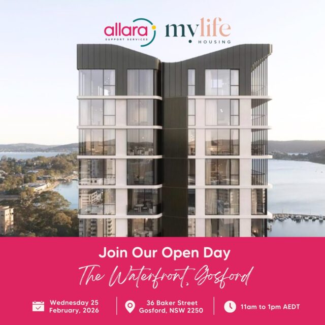 ✨ The countdown is on! Have you registered yet? ✨

We’re popping back into your feed to make sure you don’t miss our Open Day at The Waterfront, Gosford. If you’ve been curious about what luxury, accessible living looks like, this is your chance to see it for yourself!

Join Allara Support Services and MyLife Housing for a tour and a chat:

✔️ Explore our High Physical Support SDA apartments. 
✔️ Experience the layouts and high-end finishes firsthand. 
✔️ Connect with our team to ask questions about SIL and how it all works.

📅 Wednesday, Feb 25, 2026 ⏰ 11am – 1pm 📍 36 Baker Street, Gosford

🔗 Don’t wait. Click the link in our bio to register!

Come and see how The Waterfront empowers you to live life your way!

#SDA #NDIS #CentralCoast #AccessibleLiving #IndependentLiving #Gosford #AllaraSupportServices #MyLifeHousing