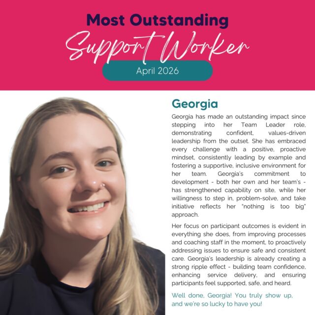 This month, we’re celebrating Georgia as our Most Outstanding Support Worker for April 2026!

Since stepping into her Team Leader role, Georgia has really lifted the standard across her team. She leads with calm confidence, a strong values-first approach, and a genuine focus on doing what’s best for the people we support.

Her proactive way of working, jumping in to coach and guide staff in the moment, has helped strengthen practice on site and create a more connected and supportive environment for everyone.

Support workers like Georgia play such an important role in our participants’ lives. Through her leadership and support, she helps create consistency, confidence, and better everyday outcomes for the people we support.

We’re grateful to have you leading from the front, Georgia. Well deserved 👏

#AllaraSupportServices #NDIS #TeamAllara #EmployeeRecognition #LeadershipInAction #WeShowUp