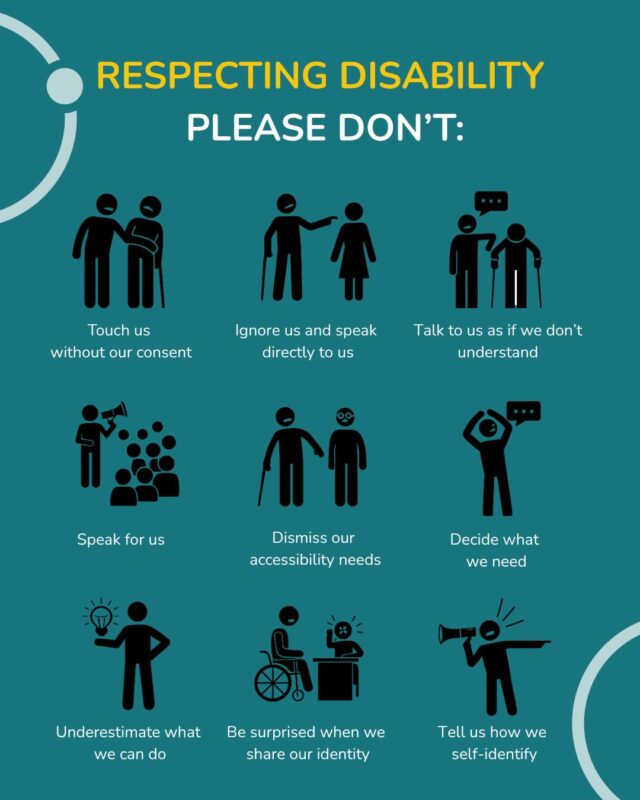 Respecting Disability — PLEASE Don’t:
Ignore accessibility requests, speak for us, assume our needs or capabilities, or act surprised when we self-identify.

Let’s build a culture of respect and inclusion by listening, asking, and treating everyone with dignity. 💛

#SIL #SDA #NDIS #NDISparticipants #Allara #AllaraSupportServices #DisabilityRespect #InclusionMatters #AccessibilityForAll