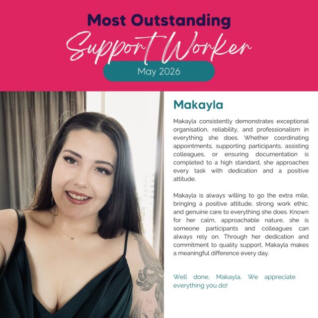 🌟 SUPPORT WORKER OF THE MONTH 🌟

This month we’re celebrating the incredible Makayla!

Makayla is one of those people who just gets it done, and does it well. She shows up every shift with a calm, can-do attitude, a strong sense of responsibility, and a genuine care for the people she supports.

From keeping things organised and on track, to jumping in and supporting participants and teammates wherever needed, Makayla is reliable, steady, and always ready to help. She handles busy and challenging moments with a level head, and always looks for practical solutions.

What really stands out is the way she lifts the people around her. Makayla creates a supportive, positive environment for both participants and colleagues, and she does it without making a fuss.

We’re proud to have her as part of the Allara team. Well deserved, Makayla 💖

#EmployeeRecognition #SupportWorkerOfTheMonth #AllaraSupportServices #DisabilityServices