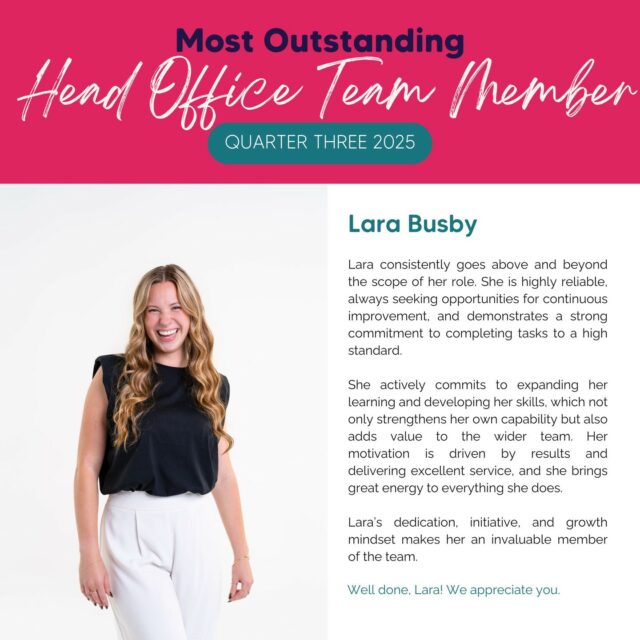 Please join us in celebrating Lara Busby, our Head Office Team Member of the Quarter (Q3)! Lara consistently goes above and beyond in her role, always striving for excellence and seeking opportunities to grow. Her reliability, motivation, and growth mindset make her an invaluable part of the Allara family.
You’re an absolute superstar, Lara! Thanks for bringing your A-game (and that amazing energy) every single day! 💖
#SIL #SDA #NDIS #NDISparticipants #SupportiveLivingManager #AllaraSupportServices