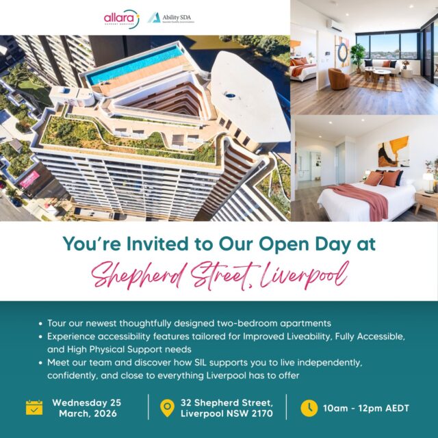 Discover Life at Shepherd Street – Join Us for a Tour 🌿

We would love to welcome you to our newest Specialist Disability Accommodation, created with independence, safety, and lifestyle in mind.

Come meet our friendly team, explore the apartments, and see how life at Shepherd Street could be your next chapter.

✨ Why you’ll love it here
‣ Smart, accessible living with voice-automated technology and private balconies
‣ On-site support available at the touch of a button
‣ Rooftop pool, gym, and shared BBQ areas to connect with friends
‣ Walking distance to Westfield, Liverpool Hospital, TAFE, and transport

These homes offer Improved Liveability, Fully Accessible, and High Physical Support options. More importantly, they are designed for people to live confidently, safely, and independently.

🗓 When: Wednesday 25 March
🕙 Time: 10am to 12pm
📍 Where: 32 Shepherd Street, Liverpool NSW 2170

Come along, have a tour, ask questions, and see what life at Shepherd Street could look like. We cannot wait to meet you 💛

🔗 Check the link in our bio to register!

#AllaraSupportServices #AbilitySDA #LiverpoolNSW #SDA #NDIS #SupportedIndependentLiving