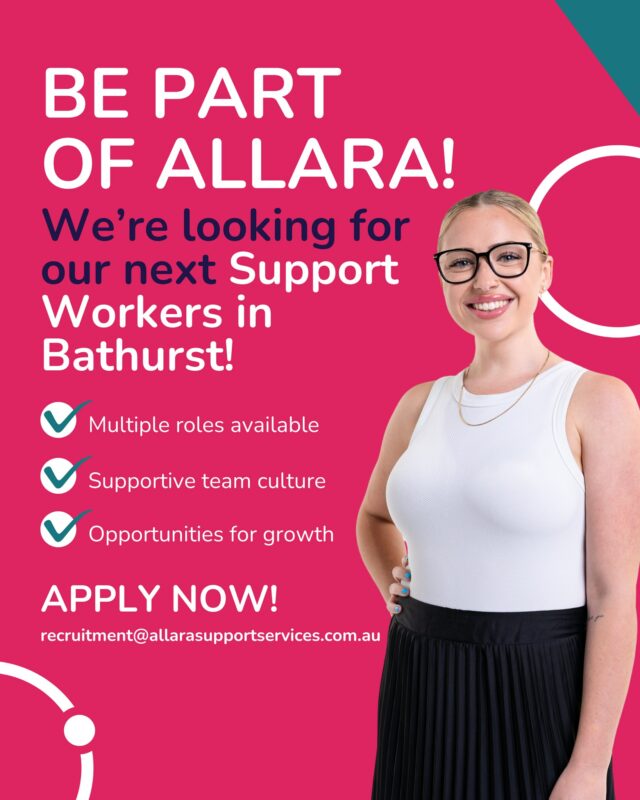 We’re growing our team in Bathurst! 

We’re looking for compassionate Support Workers who are ready to make a real impact. Our newly built SDA villas offer a fresh standard of living for NDIS participants with High Physical Support needs. With 24/7 onsite care, assistive technology, and a supportive team, we’re helping people live independently and thrive. 

If you have experience in mental health, complex behaviours, or high-intensity support — and you're passionate about empowering others — we’d love to hear from you. 
✅ Multiple roles available 
✅ Supportive team culture 
✅ Opportunities for growth 

Let’s make a difference together. Click the link in our bio to apply ♥️

#NDIS #SupportWorkerJobs #BathurstCareers #DisabilitySupport #SDAHousing #MakeADifference #AllaraSupportServices