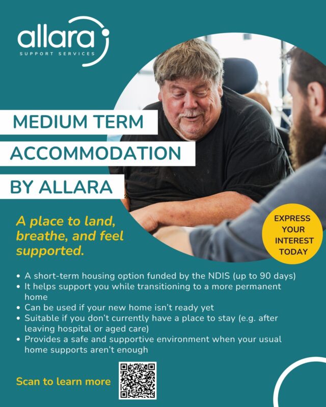 Sometimes the next step is not your forever home and that is okay 💛

Medium-Term Accommodation (MTA) is here to bridge the gap and give you a safe, supportive place to stay while everything else is being sorted. Whether you are waiting on your new home, modifications, or just need a bit more support right now, you do not have to do it alone.

At Allara, we are here to make those in-between moments feel steady, supported, and a whole lot less overwhelming.

If you would like to learn more about MTA or check availability, get in touch with our team today.

#AllaraSupportServices #NDIS #MediumTermAccommodation #MTA #SupportedIndependentLiving #DisabilitySupport