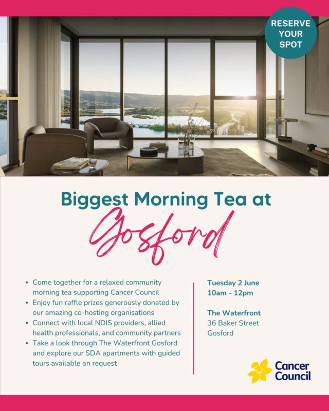 Tuesday is just around the corner! Don't forget to join us for a beautiful morning of connection, conversation, and community support 💛

We’re so excited to co-host this year’s Biggest Morning Tea in support of Cancer Council Australia alongside MyLife Housing, APM Australia, Enrich Abilities, My Recovery 101, and NDSP Plan Managers.

If you haven't registered yet, there is still time to secure your spot. Come and enjoy a relaxed morning by the water with tea, coffee, light refreshments, and great company across the NDIS and allied health space.

Plus, we’ll have a charity raffle with prizes generously donated by our co-hosting organisations, with all proceeds going directly to Cancer Council.

📅 Tuesday 2 June 2026
⏰ 10:00am to 12:00pm
📍 The Waterfront, Gosford

🔗 Register or donate via the link in our bio!

#CancerCouncilAustralia #NDIS #NDISProviders #DisabilitySupport #CommunityConnection #GivingBack #AllaraSupportServices