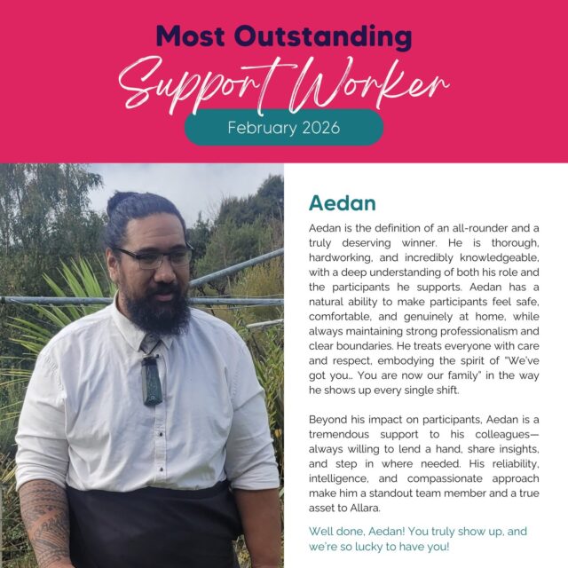Aedan is the definition of an all-rounder and a truly deserving winner. 💛 He shows up every shift with care, professionalism, and heart, making participants feel safe, comfortable, and completely at home.

He doesn’t just support participants. He lifts the whole team, always ready to lend a hand, share insights, and step in wherever needed. Aedan’s compassion, reliability, and dedication embody what we stand for at Allara: “We’ve got you… You are now our family.”

Thank you, Aedan, for everything you do. You make a real difference every single day. 🌟

#SupportWorkerOfTheMonth #ParticipantFirst #HeartAndImpact #AllaraSupportServices