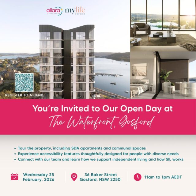 ⏳ FINAL CALL: See you this Wednesday! ⏳

The countdown is on! Have you grabbed your spot for our Open Day at The Waterfront, Gosford?

If you’ve been curious about what luxury, accessible living really looks like, this is your last chance to register and see it for yourself!

Join Allara Support Services and MyLife Housing to: 
✔️ Tour our High Physical Support & Improved Liveability apartments. 
✔️ Experience the premium finishes and stunning water views. 
✔️ Chat with our team about SIL, SDA, and independent living.

📅 Wednesday, Feb 25 
⏰ 11am – 1pm 
📍 36 Baker Street, Gosford

🔗 DON'T MISS OUT — Click the link in our bio to register!

Come see how we’re empowering you to live life your way. See you there! 🌊✨

#SDA #NDIS #CentralCoast #AccessibleLiving #IndependentLiving #Gosford #DisabilitySupport #AllaraSupportServices #MyLifeHousing