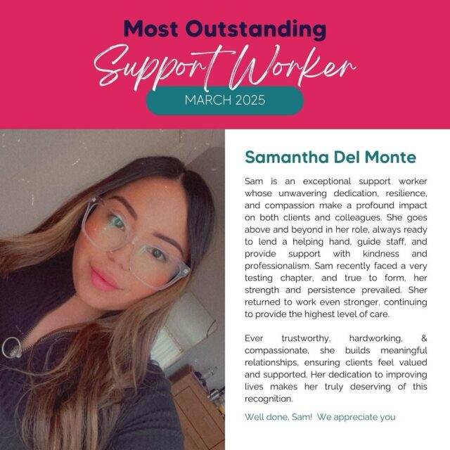 Support Worker of the Month – March, Sam 🌟

Sam’s dedication, resilience, and passion for her work shine through in everything she does. Her love for supporting others is evident in the positive impact she has on both participants and colleagues. Sam has built meaningful relationships with those around her, consistently going above and beyond to make a difference in the lives of everyone she works with. Her unwavering commitment and the way she continues to shine through her actions make her truly deserving of this recognition.

Congratulations, Sam! 🩷 You’re an inspiration to us all.

#SupportWorkerOfTheMonth #DisabilitySupport
#SpecialistDisabilityAccommodation
#SupportedIndependentLiving
#NDIS